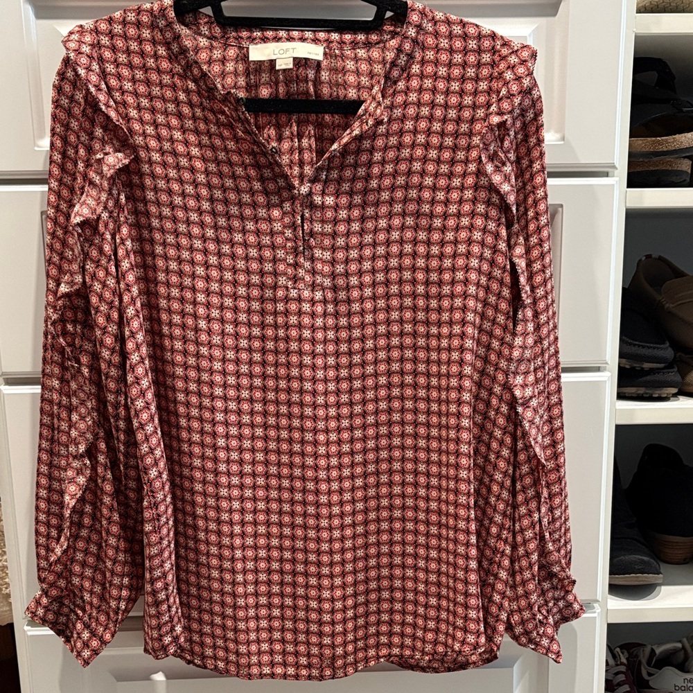 LOFT Red and White Geometric Blouse